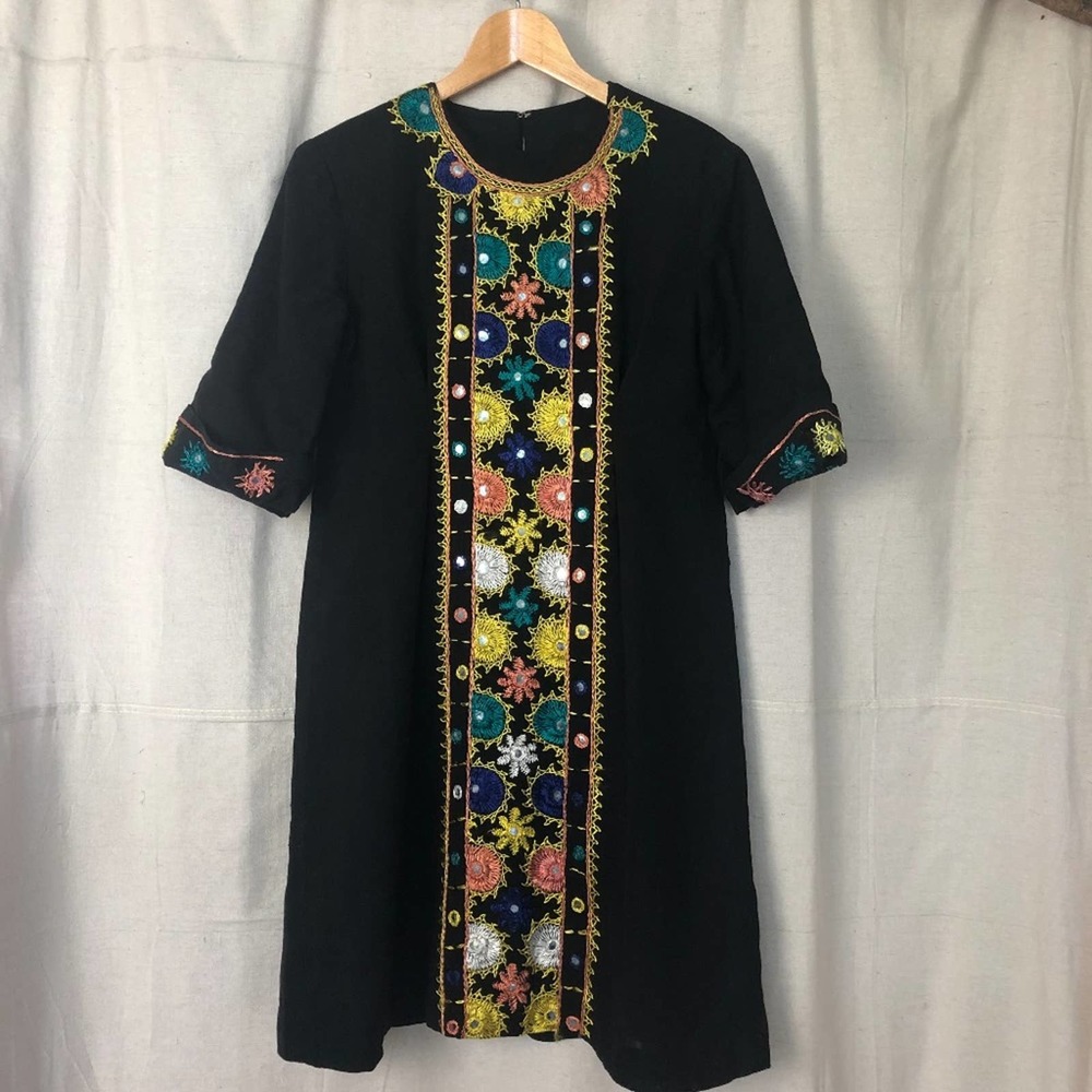 Vintage Embroidered Black Linen Blend Midi Dress